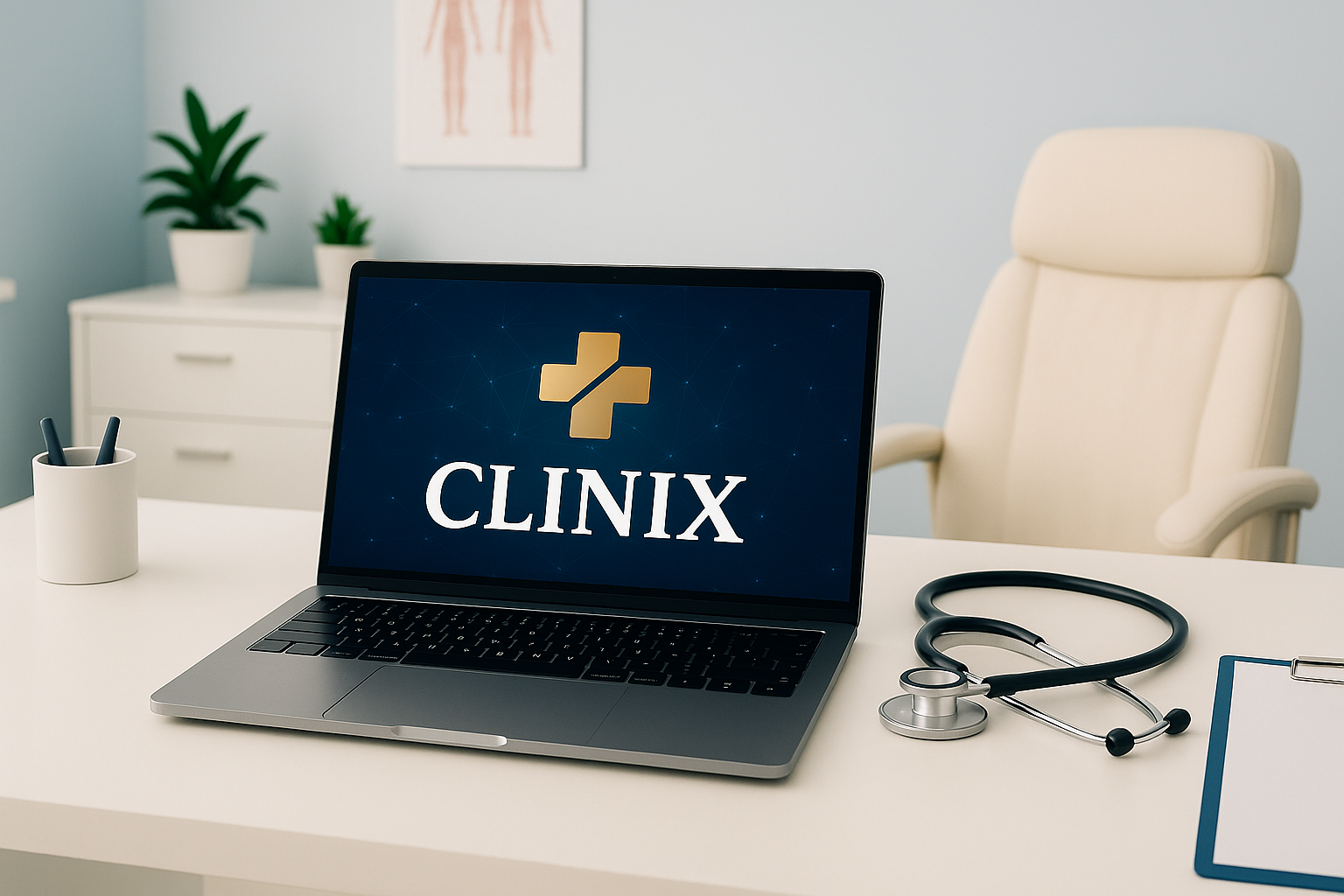 Consultório médico moderno com laptop exibindo 'CLINIX' e estetoscópio